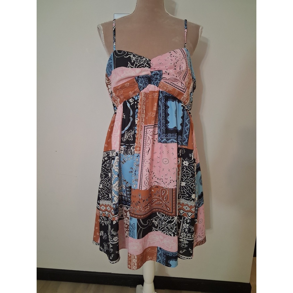 Southern Fried Chics Bandana Patchwork Dress XL Pink Blue Boho Fit Flare Western